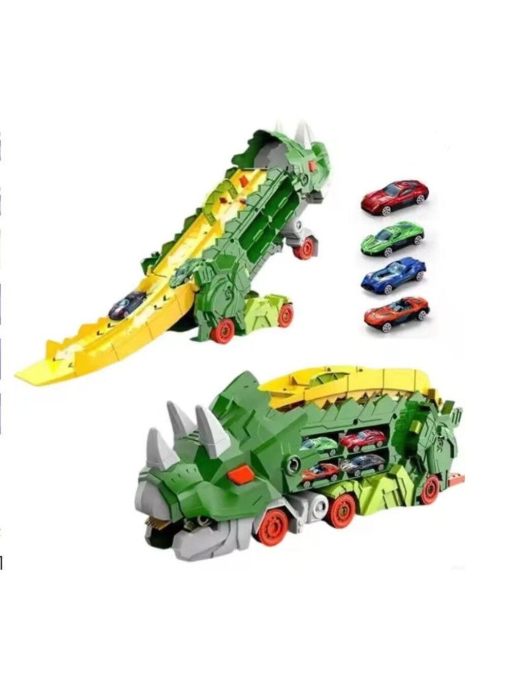 Green Triceratops Dinosaur Transport Truck With Slide Boy Gift Toy Car Display